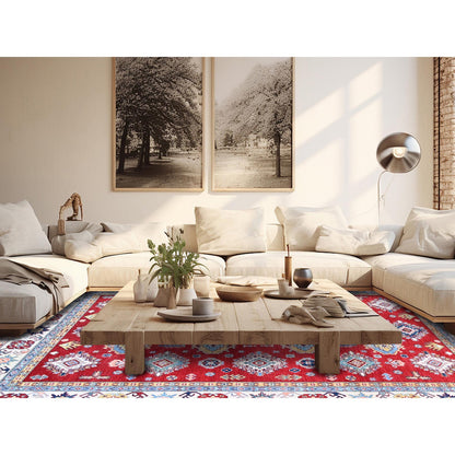 8'X11'3" Chili Red Kazak With Geometric Pattern Hand Knotted Soft Wool Rug
