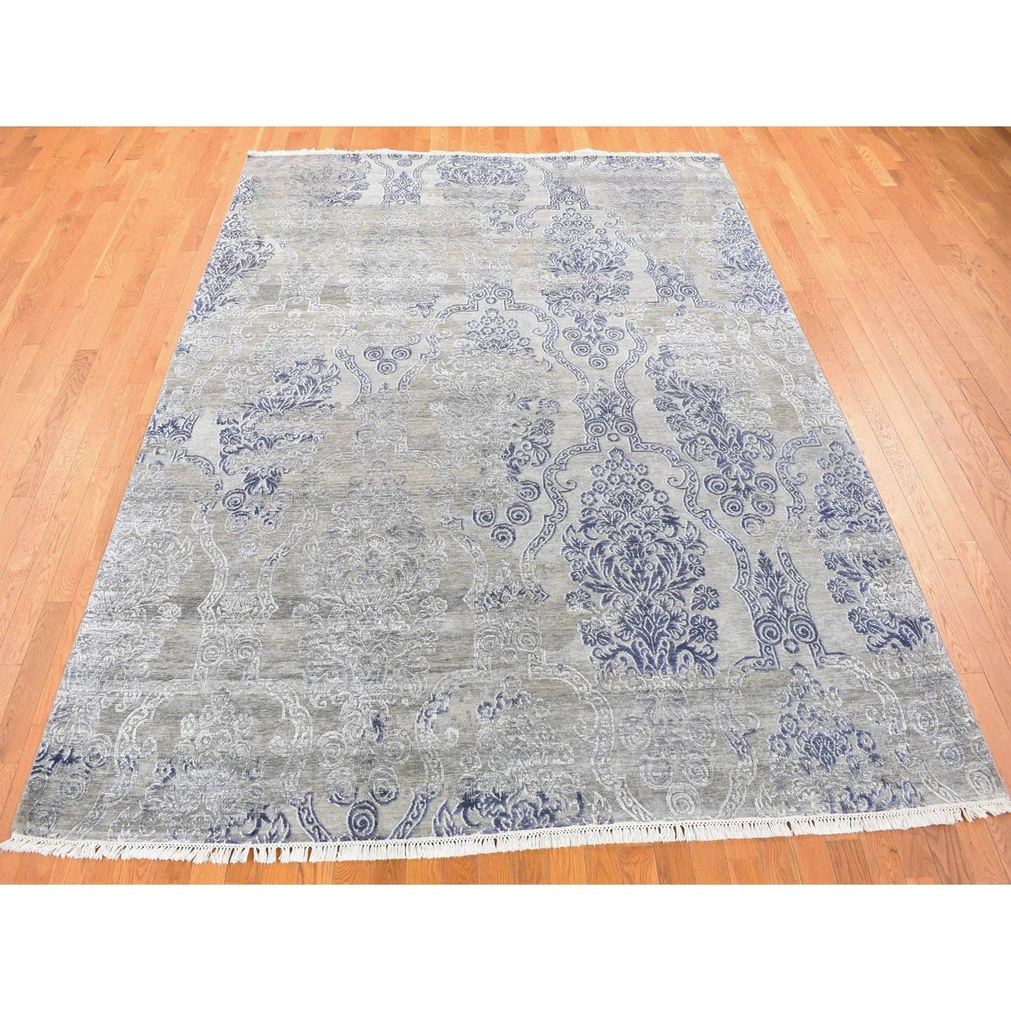 8'1"X10'4" Taupe Silk With Textured Wool Hand Knotted Transitional Rug