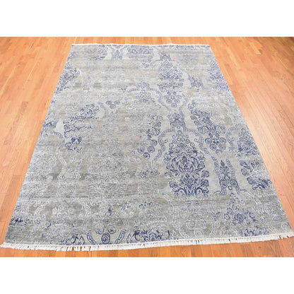 8'1"X10'4" Taupe Silk With Textured Wool Hand Knotted Transitional Rug