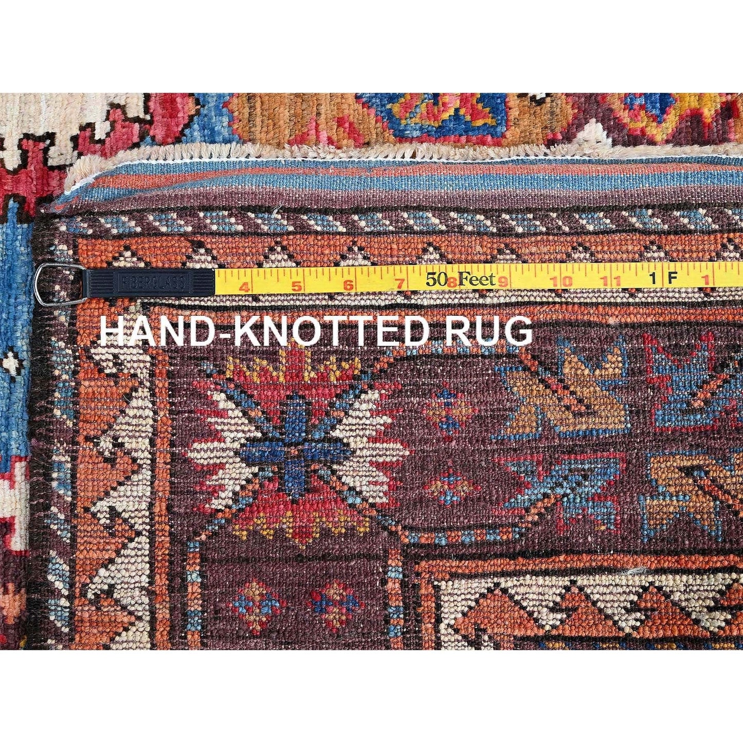 4'5"X5'10" Blue Afghan Caucasian Design Revival Hand Knotted Soft Wool Rug