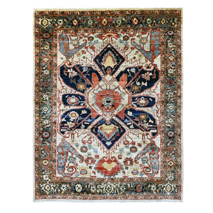 8'2"X10' Brown With Blue Hand Knotted Aryana Seeripe Heris Pure Wool Rug