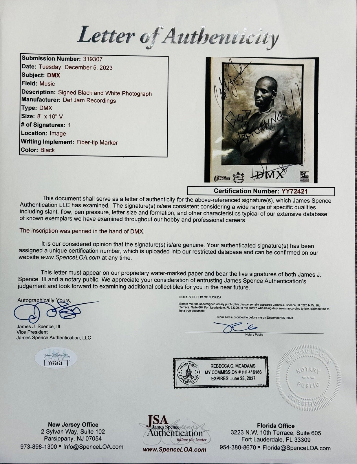 Dmx Autographed 8X10 Framed Photo (Jsa)