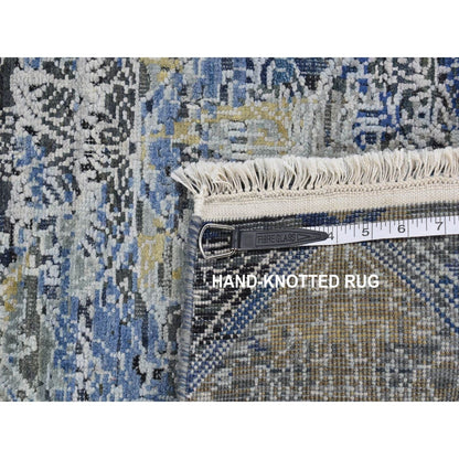 2'7"X8'3" Blue Broken And Erased Silk With Wool Hand Knotted Runner Rug