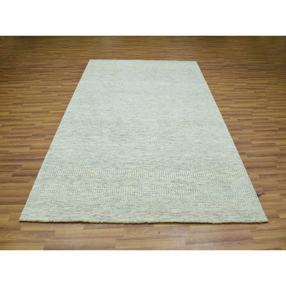6'X9' Polar Bear White Modern Grass Design Hand Knotted Wool Oriental Rug