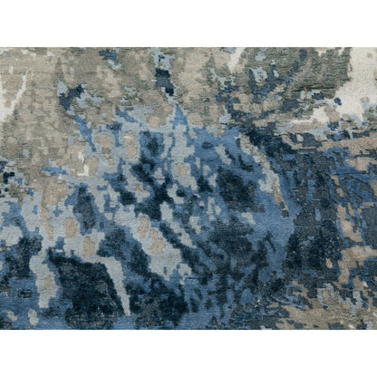 3'1"X5' Blue-Ivory Abstract Design Wool-Silk Hi-Low Pile Hand Knotted Rug