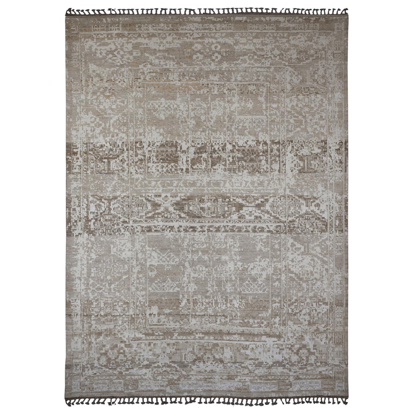 9'1"X12'5" Brown Moroccan Weave Erased Pattern Hand Knotted Pure Wool Rug