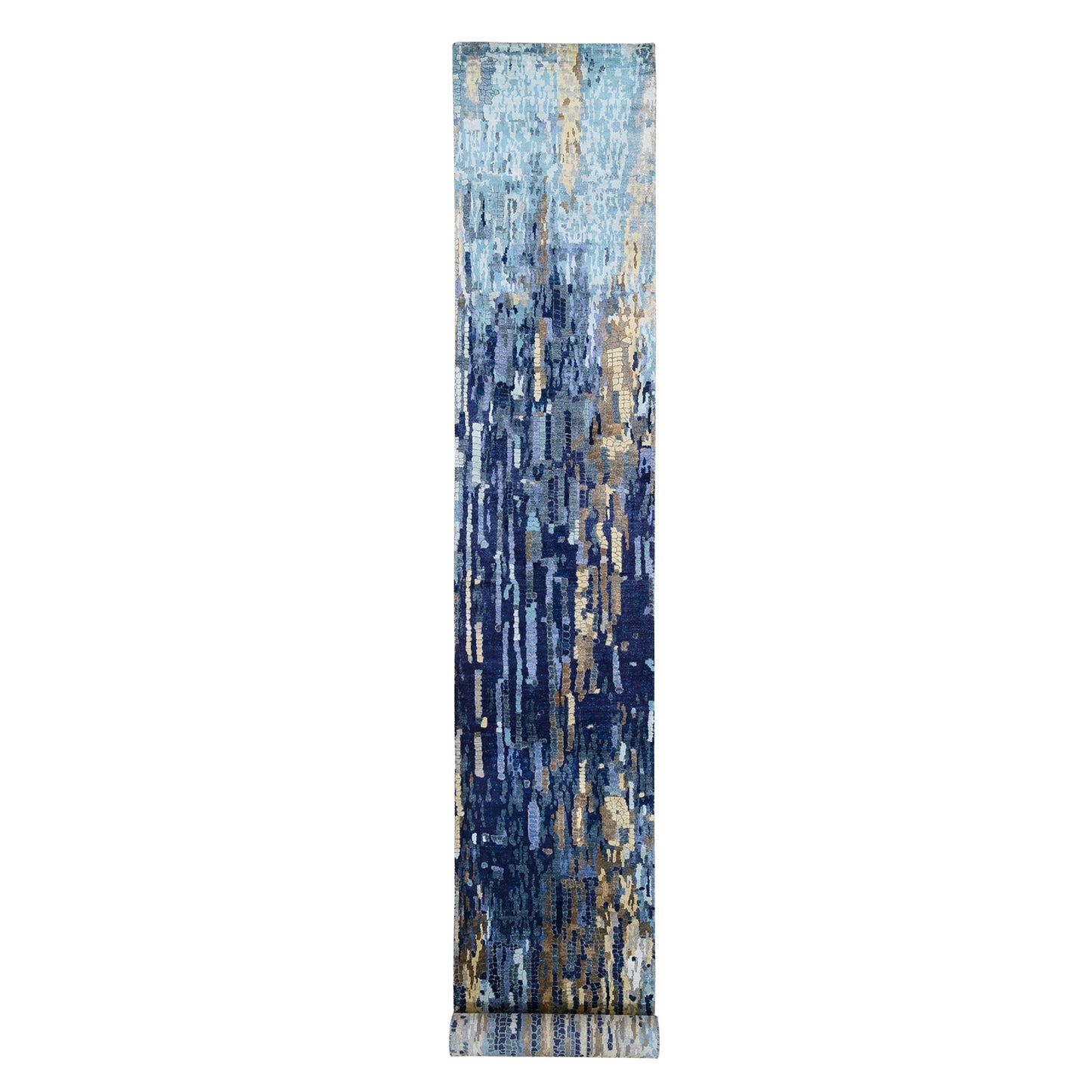 2'7"X19'7" Blue Mosaic Design Wool And Silk Hand Knotted Xl Runner Rug