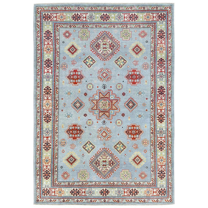 6'1"X8'9" Blue Special Kazak With Geometric Design Wool Hand Knotted Rug