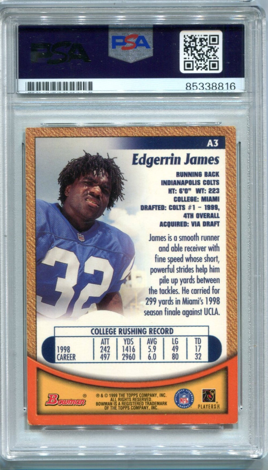 Edgerrin James 1999 Topps Bowman #A3 Psa Auto Auth