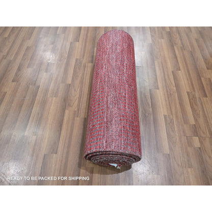 2'6"X16'3" Red Modern Grass Design Hand Knotted Wool And Silk Runner Rug