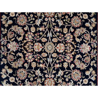 5'X5' Midnight Blue Hand Knotted Nain 250 Kpsi Pure Wool Square Rug