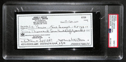 Johnny Unitas Signed 11/20/00 Check Psa/Dna Mint