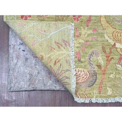 5'X7' Green Peshawar Birds Of Paradise Design Hand Knotted Soft Wool Rug