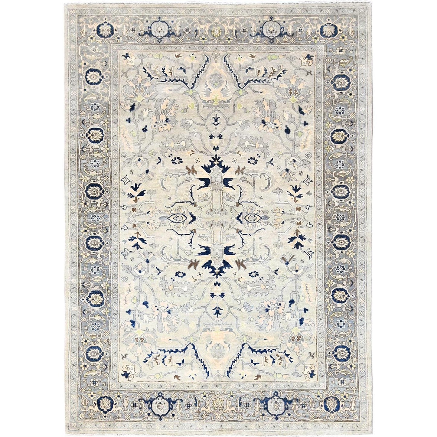 6'2"X8'10" Grey Seeripe Heris Design Soft Wool Hand Knotted Oriental Rug