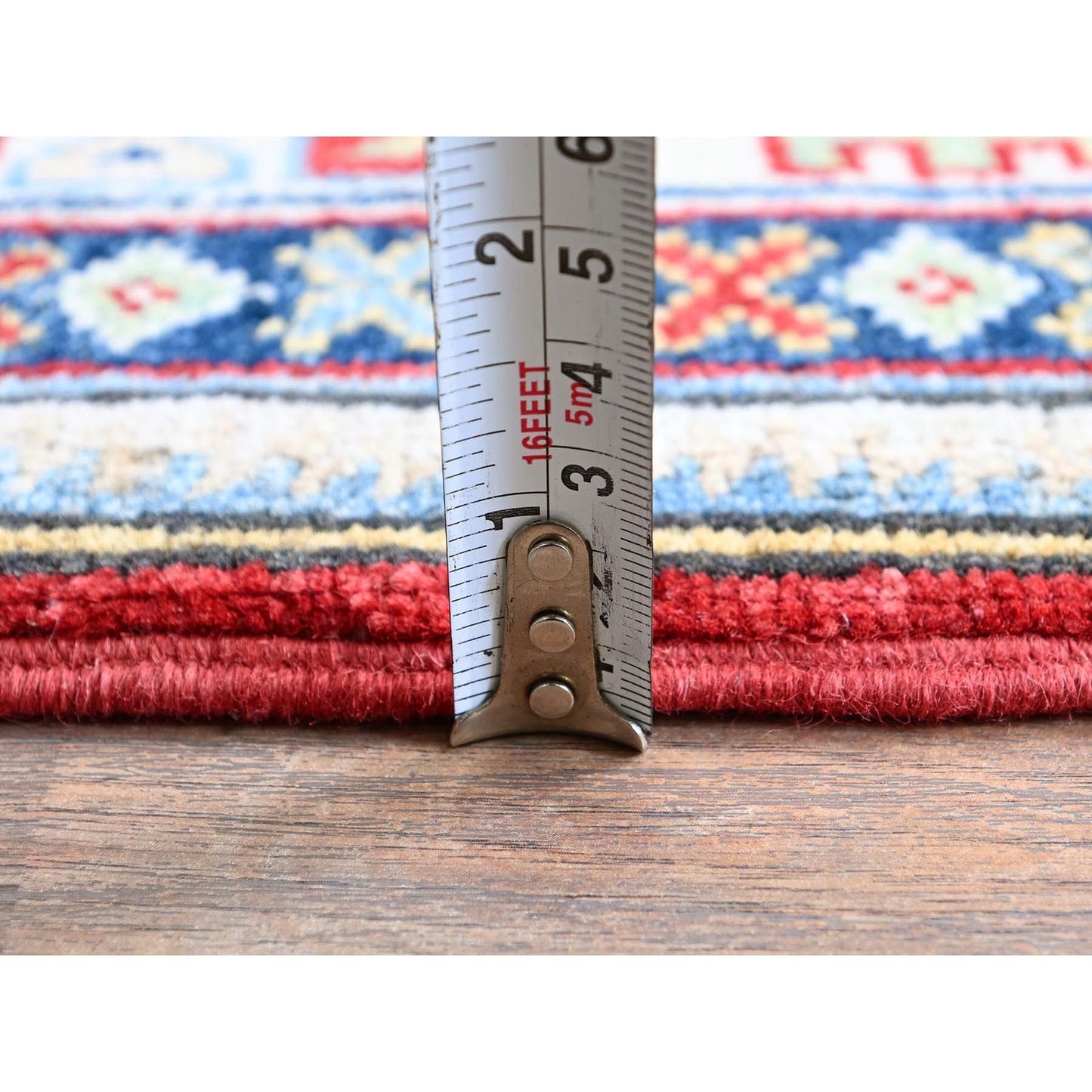 4'1"X5'6" Red Kazak With Geometric Medallions Design Wool Hand Knotted Rug