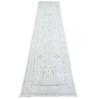 2'4"X10'2" Ceramic Ivory White Wash Peshawar Wool Hand Knotted Runner Rug