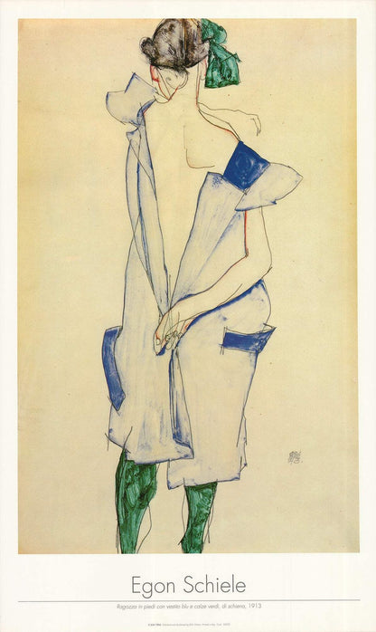 x EGON SCHIELE Girl Standing in Blue Dress and Green Stockings Back View 39.5"