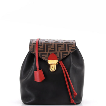 Fendi Drawstring Flap Backpack Leather With Zucca Embossed Detail Small
