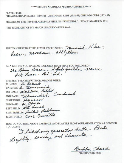 Bubba Church Autographed Hand Filled Out Survey