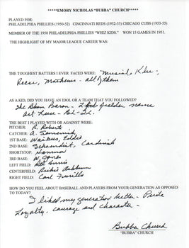 Bubba Church Autographed Hand Filled Out Survey