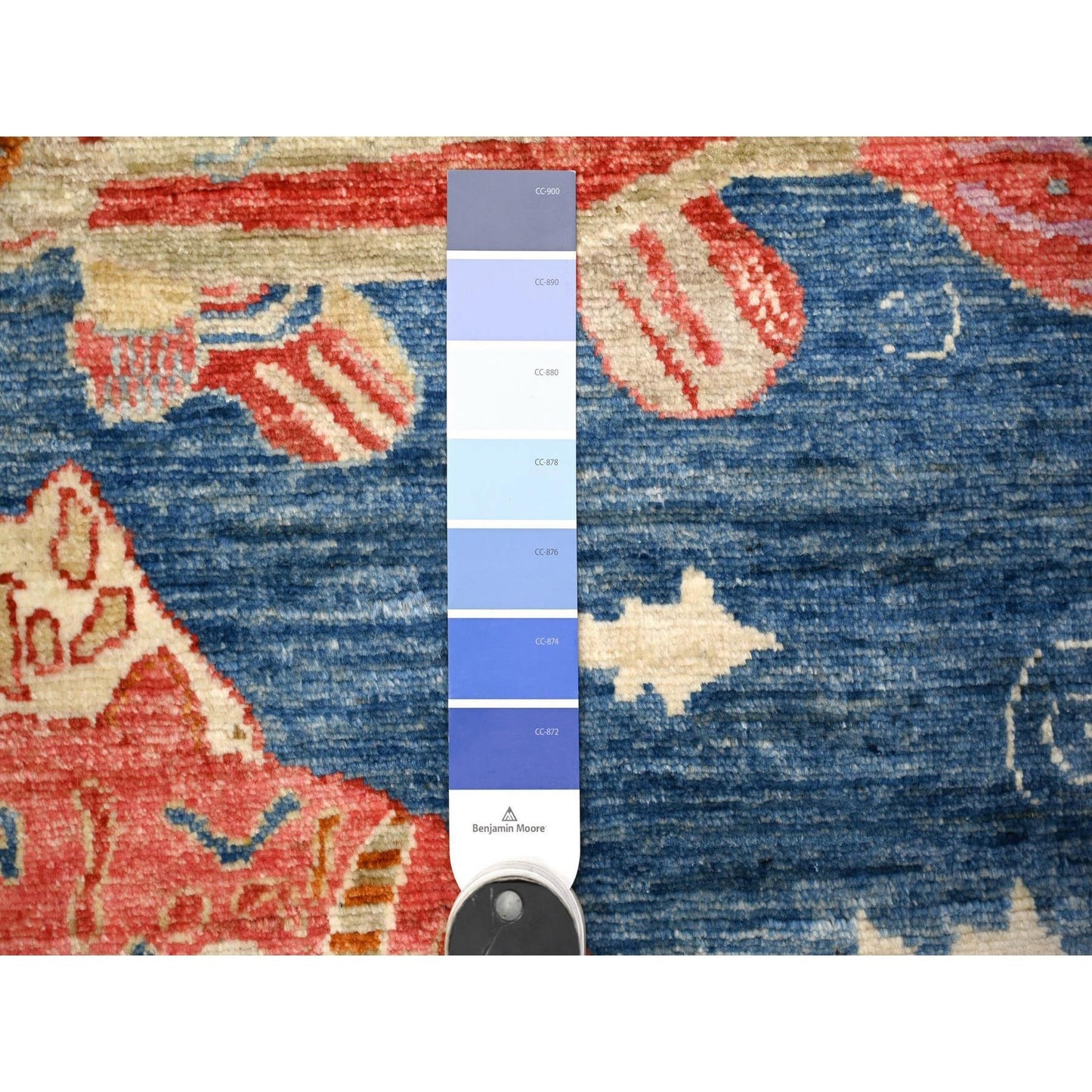 4'X11'7" Blue Wool Hand Knotted Peshawar Oceanic Fish Wide Runner Rug