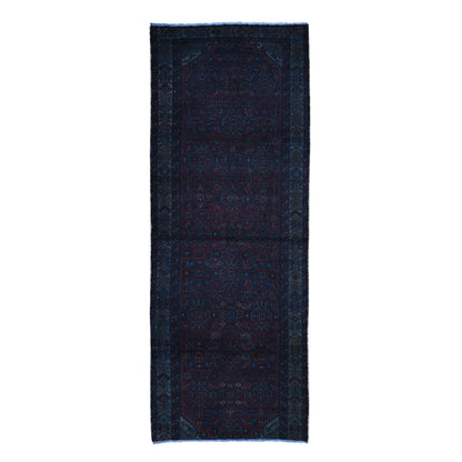 3'6"X9'1" Overdyed Wide Runner Worn Wool Hand Knotted Village Rug