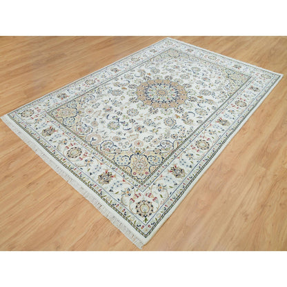 6'1"X9'1" White Hand Knotted Nain Design 250 Kpsi Natural Wool Rug