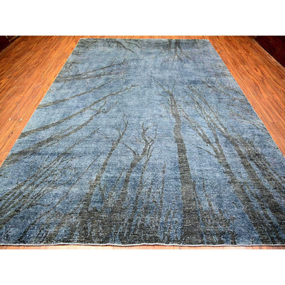 8'10"X12'1" Blue Gray Modern Tree Design 100% Wool Hand Knotted Rug