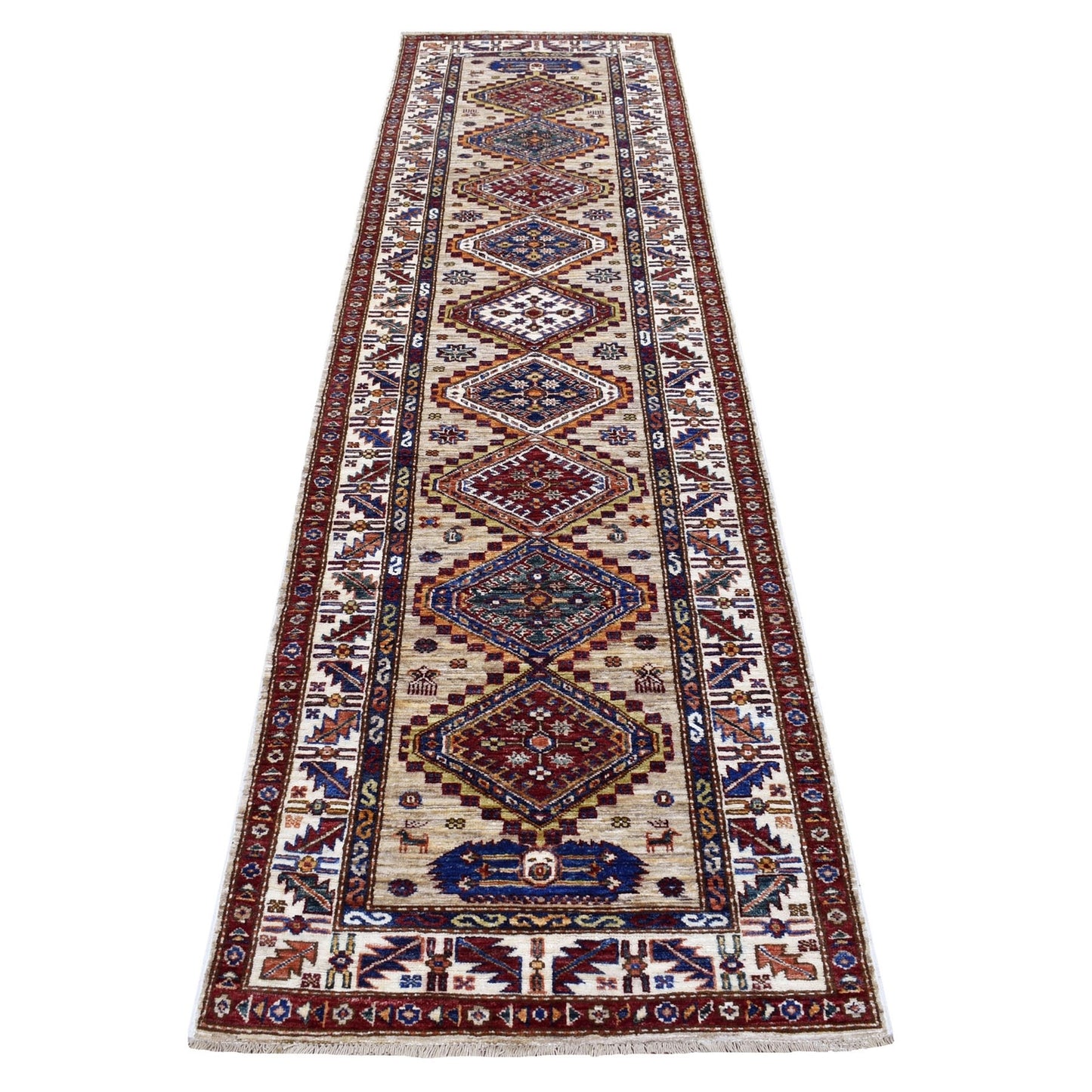 2'8"X10' Beige Geometric Design Natural Wool Super Kazak Hand-Knotted Rug