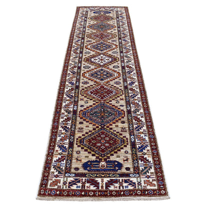 2'8"X10' Beige Geometric Design Natural Wool Super Kazak Hand-Knotted Rug