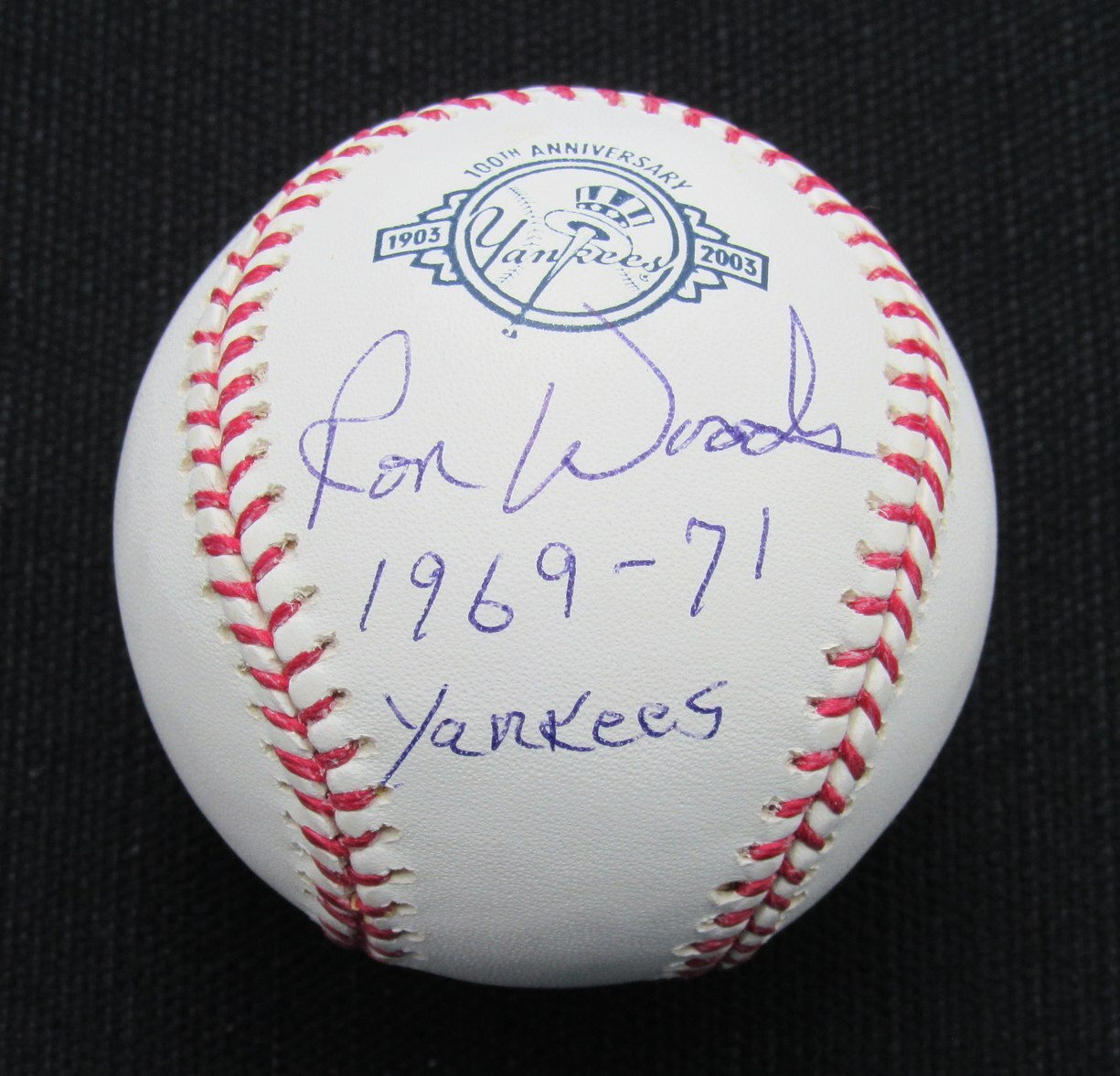 Ron Woods Signed/Auto Yankees 100Th Oml Baseball Jsa Inscr 186833