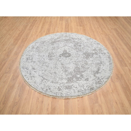 6'7"X6'7" Gray Hand Knotted Broken Farsian Design Wool And Silk Round Rug