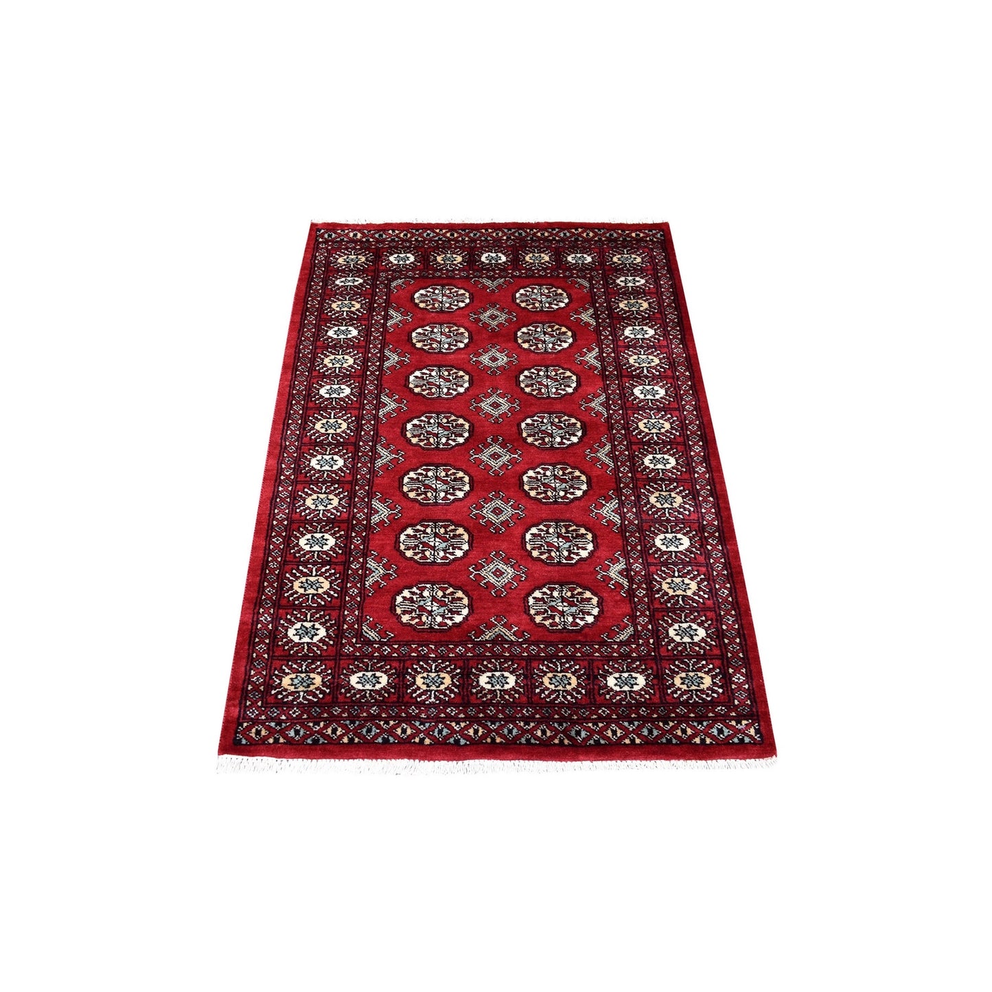 3'X4'5" Deep Red Mori Bokara Wool Hand Knotted Oriental Rug