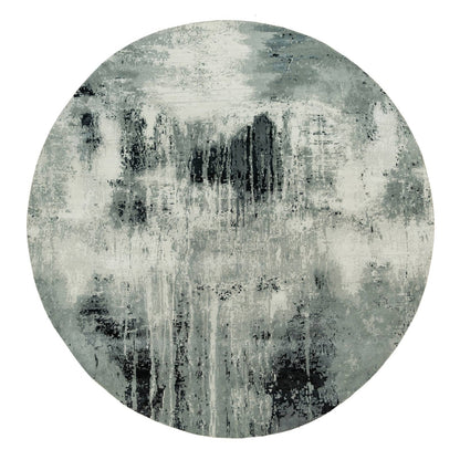 10'X10' Obsidian Black Hand Knotted Abstract Wool And Silk Round Rug