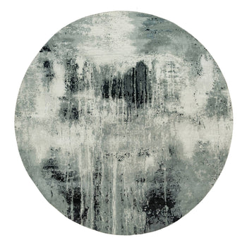 10'X10' Obsidian Black Hand Knotted Abstract Wool And Silk Round Rug
