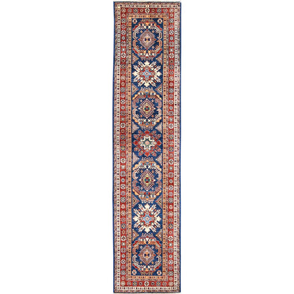 2'6"X11' Hand Knotted Navy Blue Afghan Super Kazak Soft Wool Runner Rug