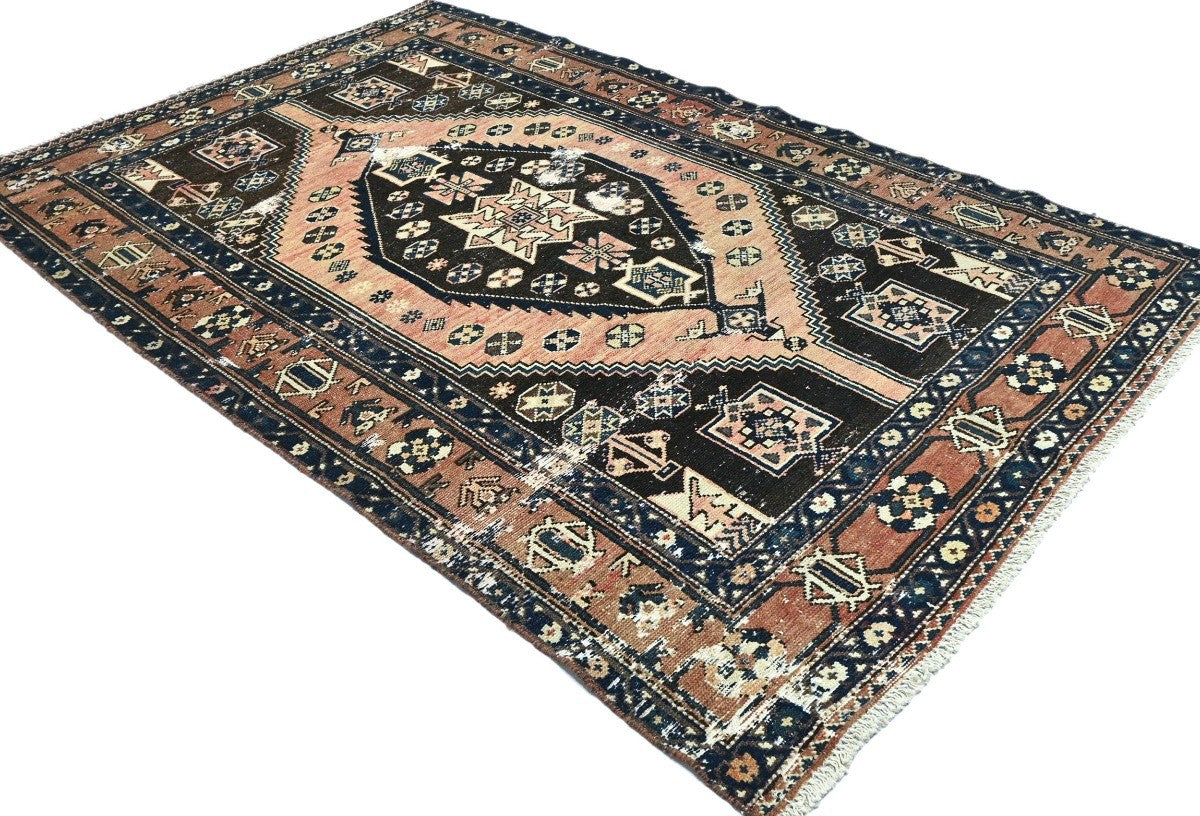 Rare Vintage Tribal Geometric Oriental Farmhouse Carpet Distressed 5x8 Rug