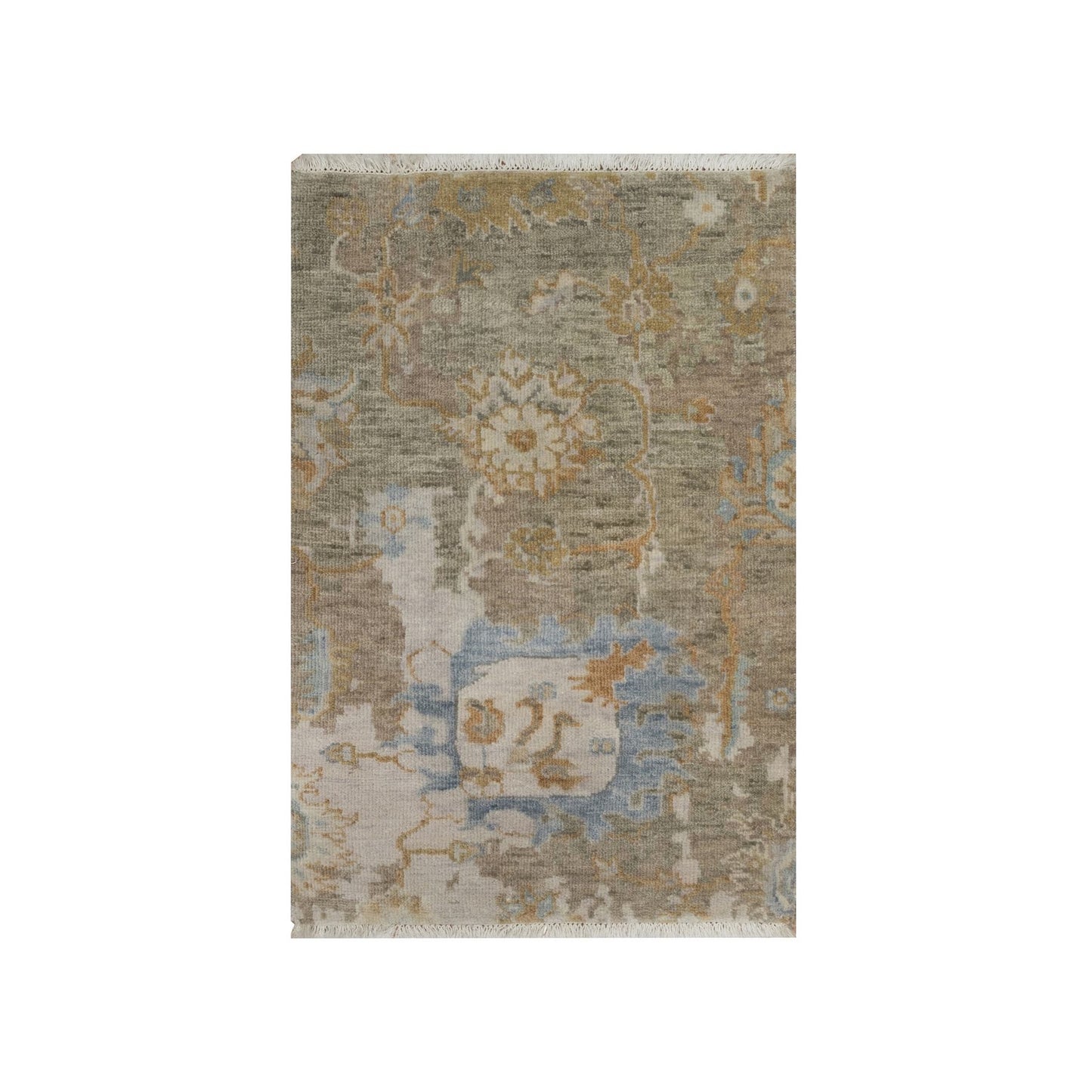 2'x3' Brown Broken Pattern Oushak Design Pure Wool Hand Knotted Mat Rug