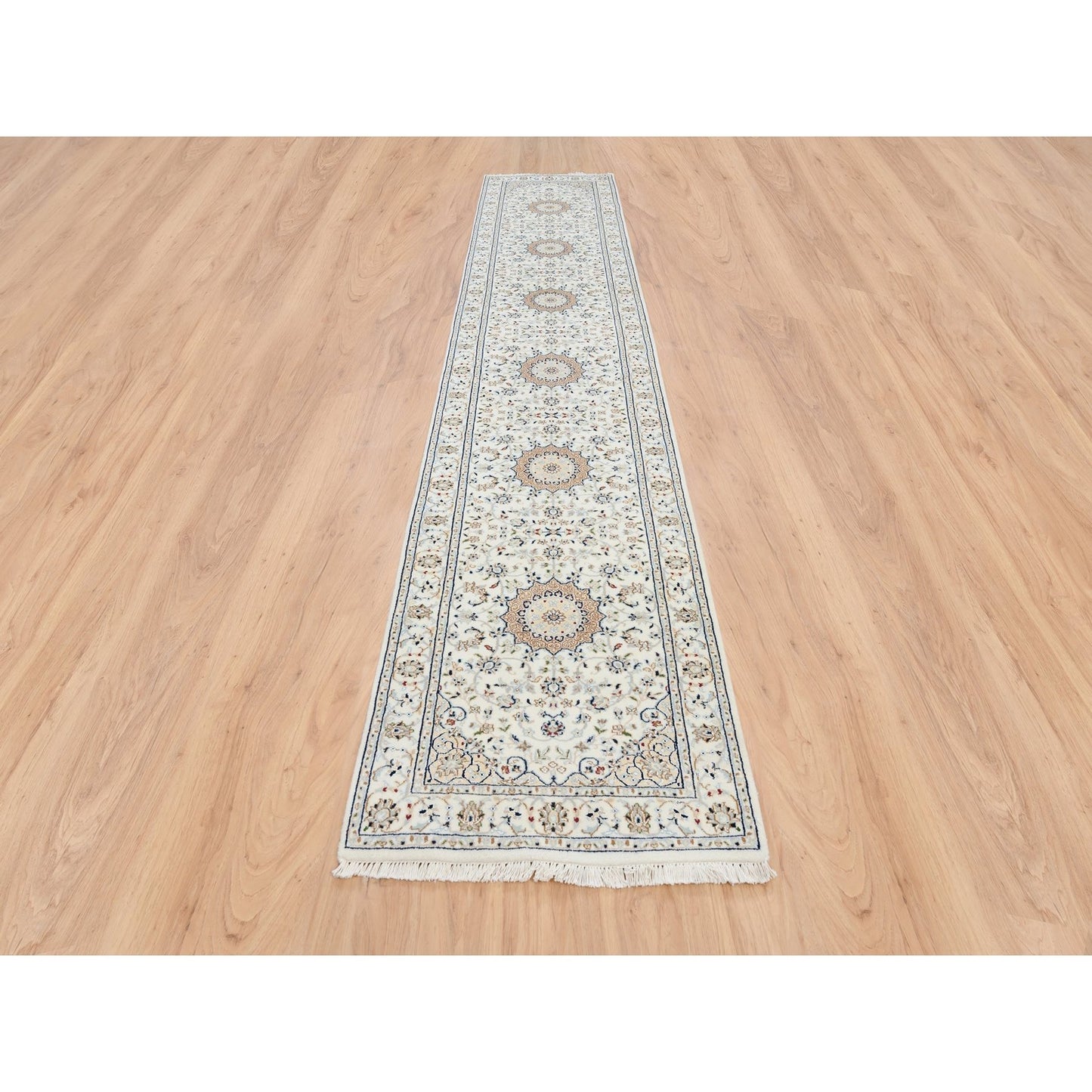 2'8"X13'3" Ivory Nain Flower Design 250 Kpsi Wool Hand Knotted Runner Rug