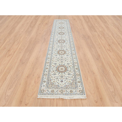 2'8"X13'3" Ivory Nain Flower Design 250 Kpsi Wool Hand Knotted Runner Rug