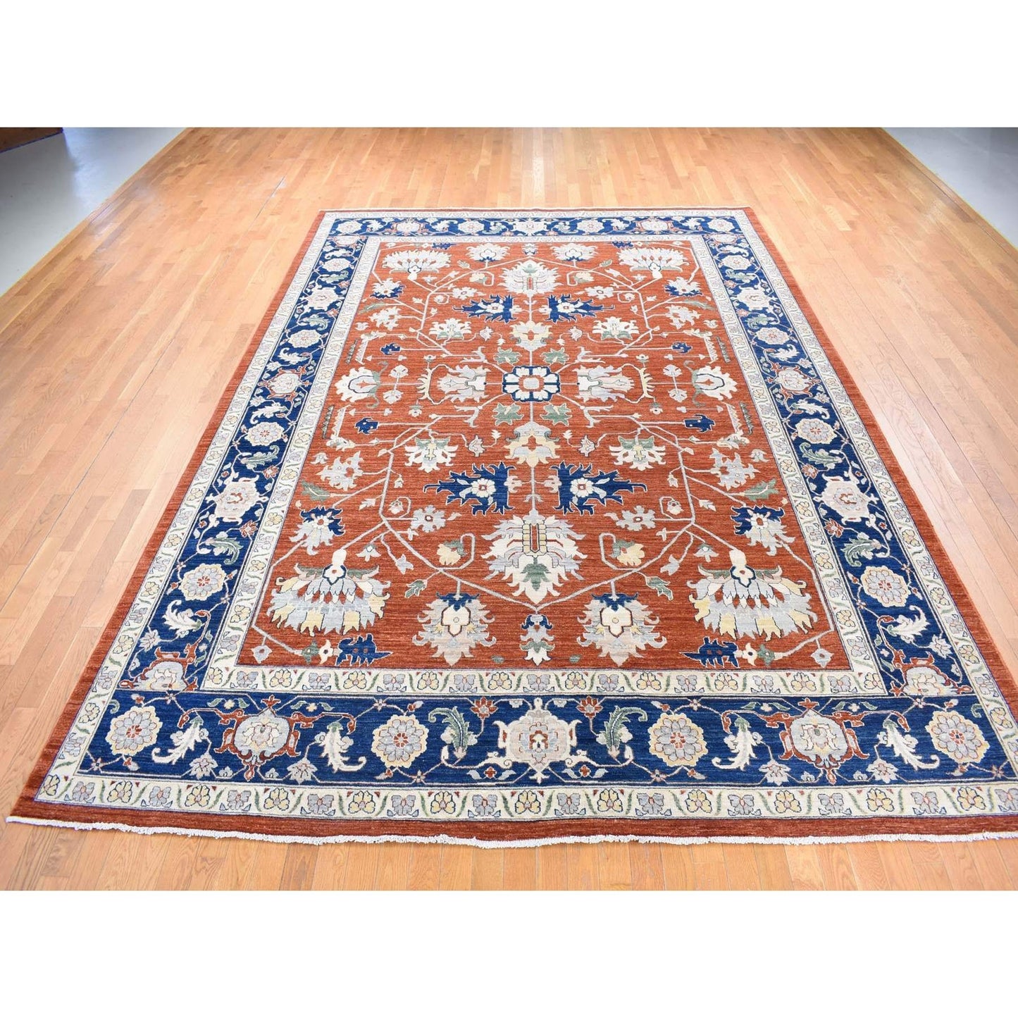 10'X13'10" Red Antiqued Peshawar Heris Hand Knotted Pure Wool Rug