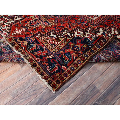 7'4"X10'2" Red Hand Knotted Vintage Oriental Heris Village Motifs Rug