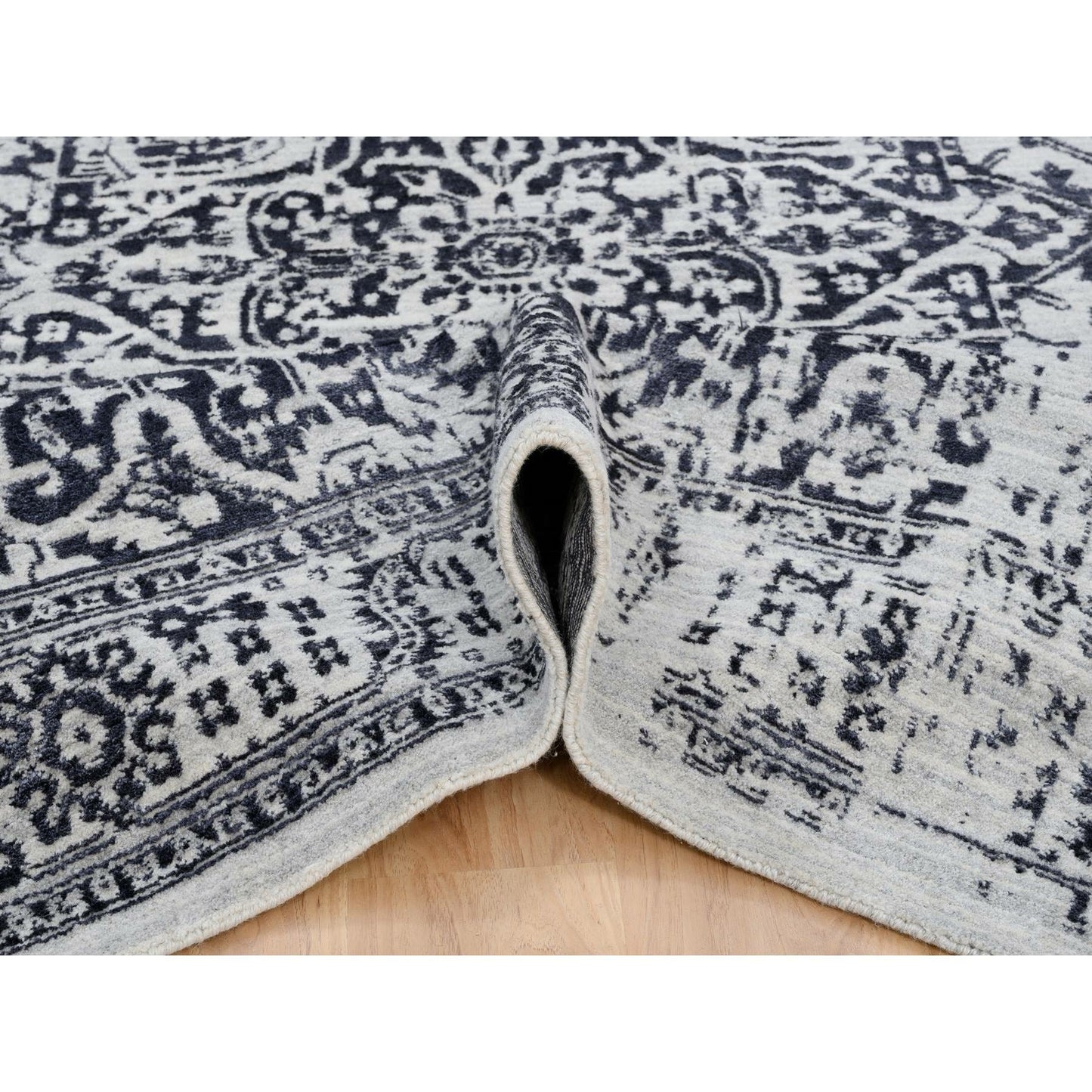 8'X10' Black Hand Loomed Erased Serapi Heris Design Wool And Silk Rug