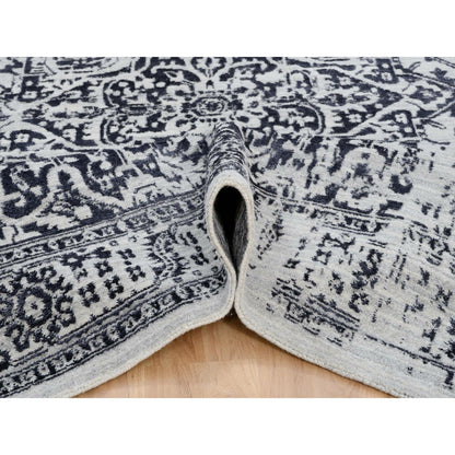 8'X10' Black Hand Loomed Erased Serapi Heris Design Wool And Silk Rug