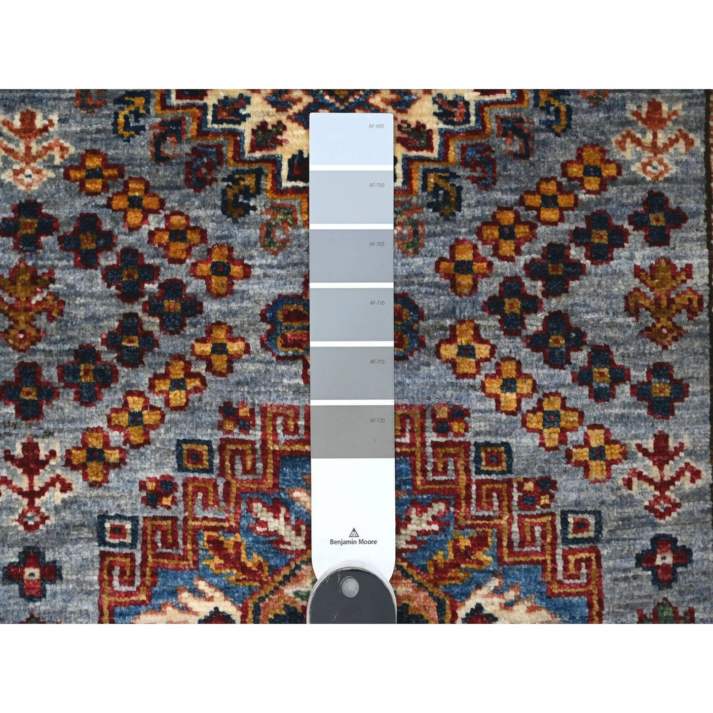 2'6"X6'2" Glaucous Gray Hand Knotted Super Kazak Motifs Wool Runner Rug