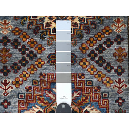 2'6"X6'2" Glaucous Gray Hand Knotted Super Kazak Motifs Wool Runner Rug