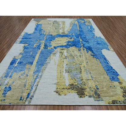 10'2"X13'8" Ivory Colorful Modern Abstract Design Hand Knotted Wool Rug