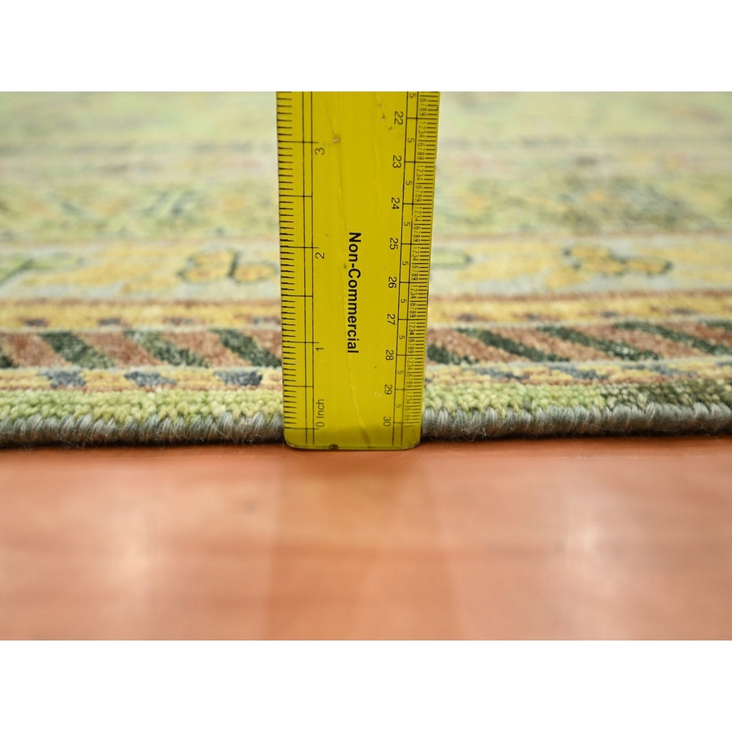 9'X12'1" Shades Of Green Khotan Design Wool Shaved Low Hand Knotted Rug
