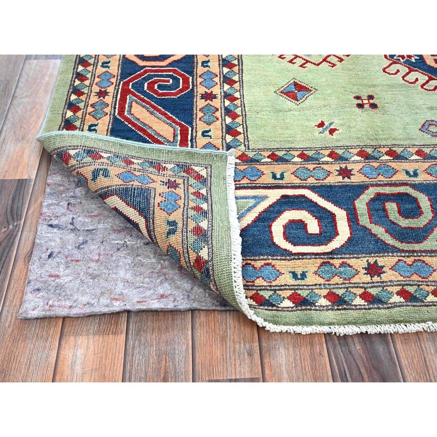 8'4"X9'7" Green Afghan Special Kazak Geometric Design Wool Hand Knotted Rug