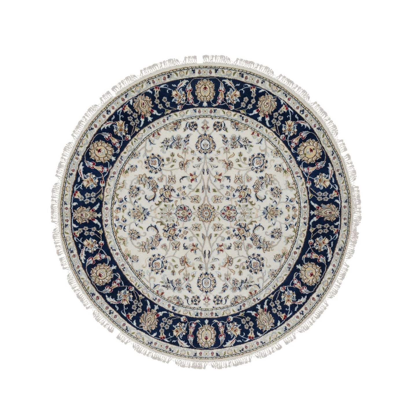 5'X5' Ivory Nain With Flower Design Wool And Silk Hand Knotted Round Rug
